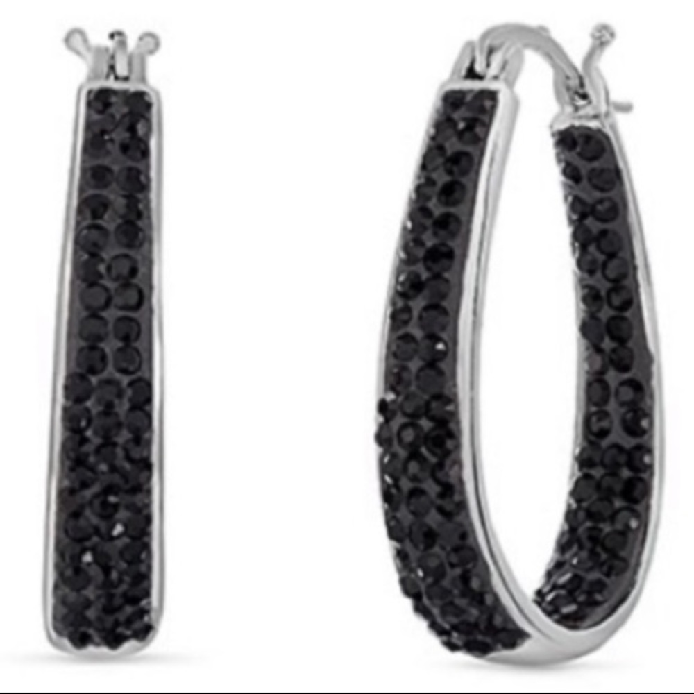 Solid Black & Silvertone Hoop Earrings w/Swarovski